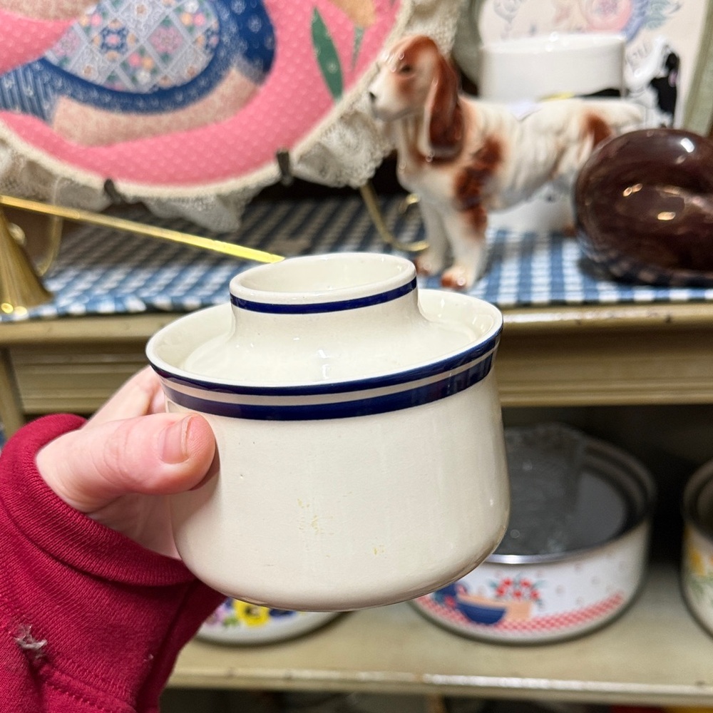 White Butter Jar with Blue Stripe